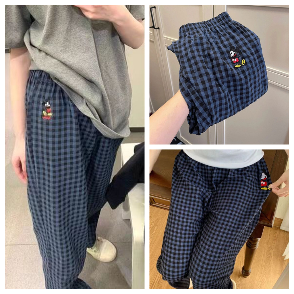 quần kẻ sọc ống rộng Quần kẻ caro xanh in hình Mickey, phong cách Hàn Quốc, quần thư giãn ở nhà