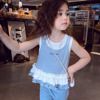 Bộ áo vest mùa hè mới cho bé gái, áo camisole ren phong cách Hàn Quốc, quần ống loe cho bé gái, bộ hai mảnh