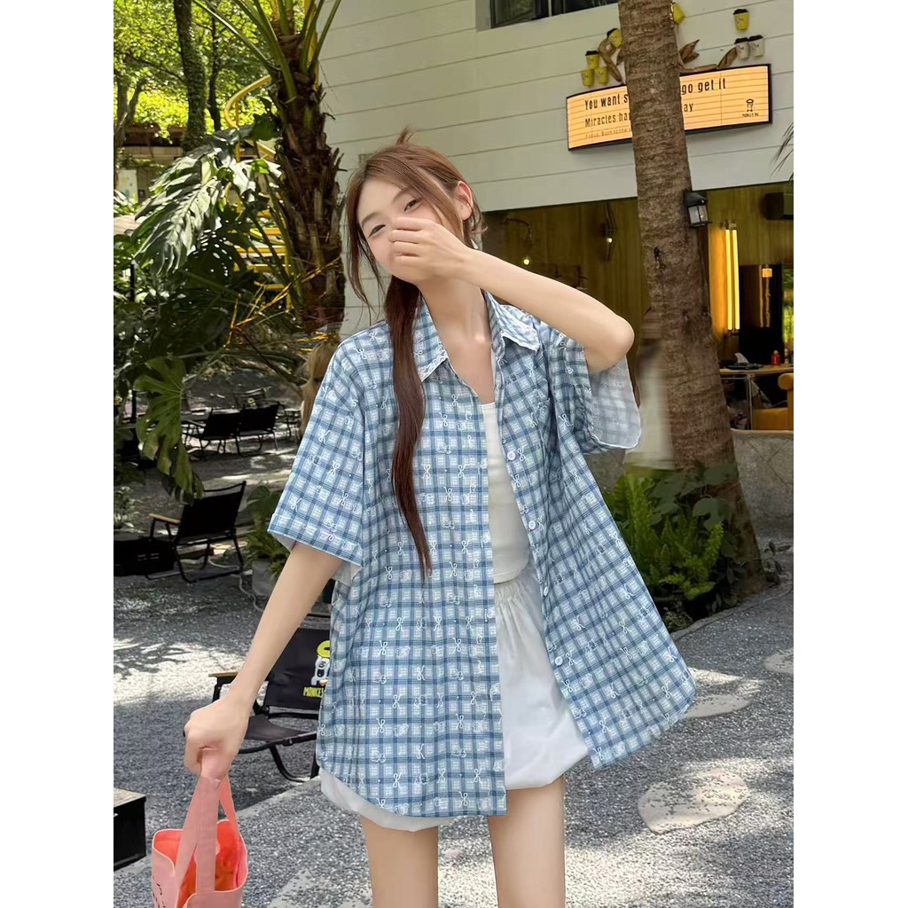 SUXI Áo sơ mi ngắn tay kẻ sọc nơ xanh cổ điển mới mùa hè dành cho nữ 250520