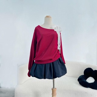 Set Bigsize Nữ Áo Sweater Lệch Vai Dây Ren Phối Chân Váy Bí Ngô Dễ Thương Cho Chubby SET931