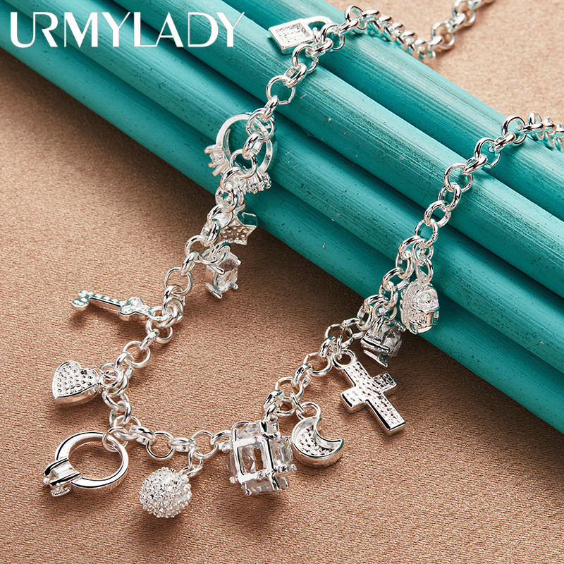 URMYLADY Bạc 925 Chữ Thập Chìa Khóa Trái Tim Ngôi Sao Zircon Mặt Dây Chuyền Vòng Cổ Cho Nữ Trang Sức