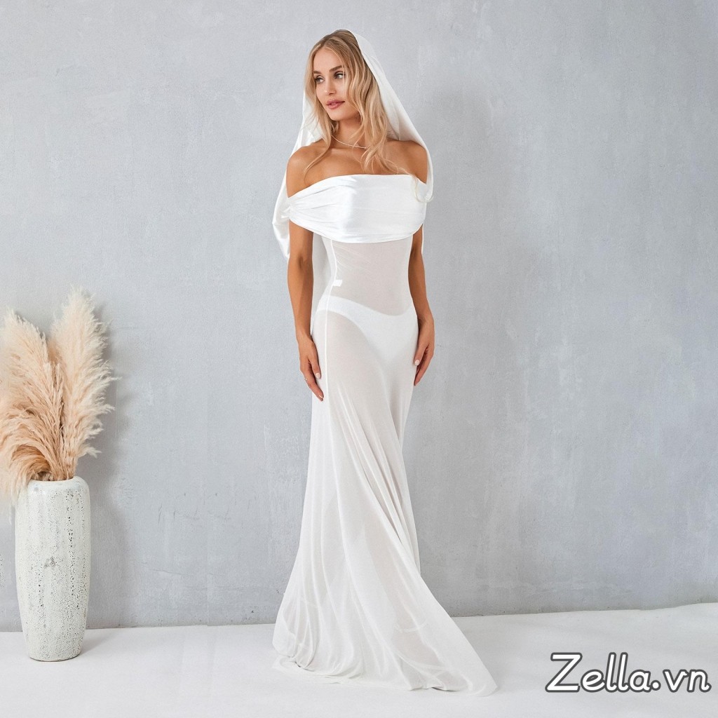Váy lệch vai nữ xuyên thấu Sheer có mũ trùm đầu dài dự tiệc