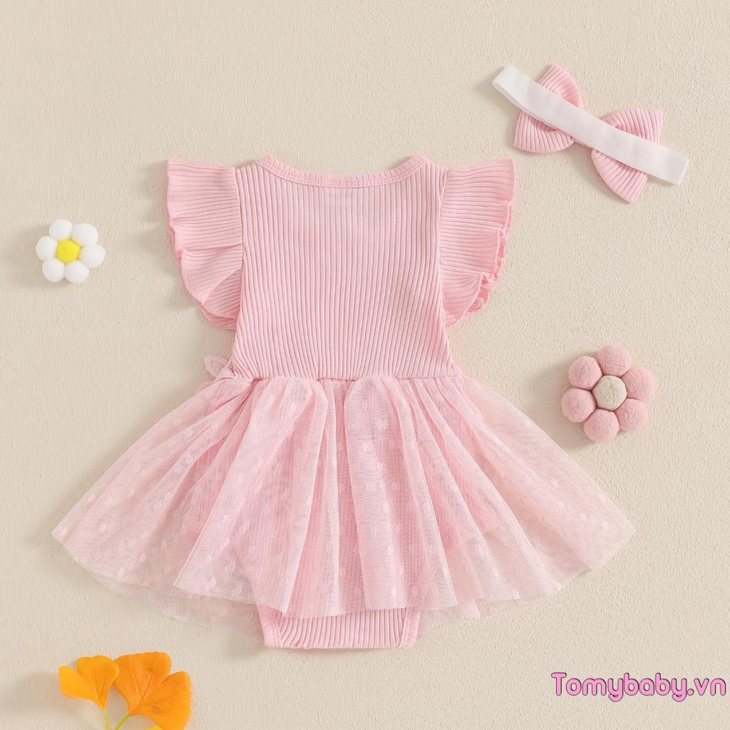Áo liền quần mùa hè cho bé gái có lưới ngắn tay cổ chữ O Miếng dán hoa Bộ áo liền quần dễ thương + Băng đô nơ