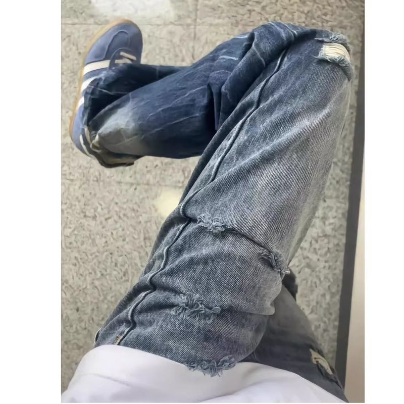 ThaliaWisp Quần Jean Nam American High Street Lightning Họa Tiết Rách Mới Giặt Quần Dài Cổ Điển