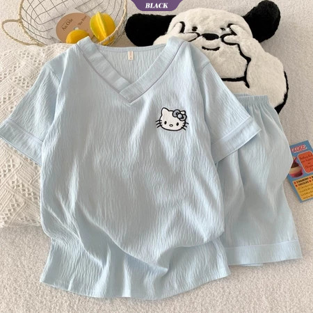 Hoạt Hình Hello Kitty Bộ Đồ Ngủ Nữ Mùa Hè Ngắn Tay Quần Short Cổ Chữ V Giải Trí Mặc Ở Nhà [BL]
