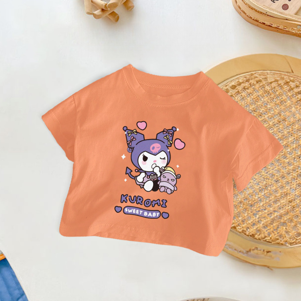 2025 Áo thun crop top KUMORI mới cho bé gái, in 2D dễ thương, trang phục thường ngày
