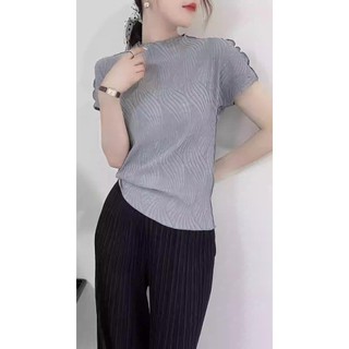 Miyake Xếp Ly Mùa Hè 2025 Phong Cách Mới Slim-fit Ôm Hơn Nhìn Ngắn Tay Nữ Co Giãn Ngắn Áo Thun Nhỏ Nữ