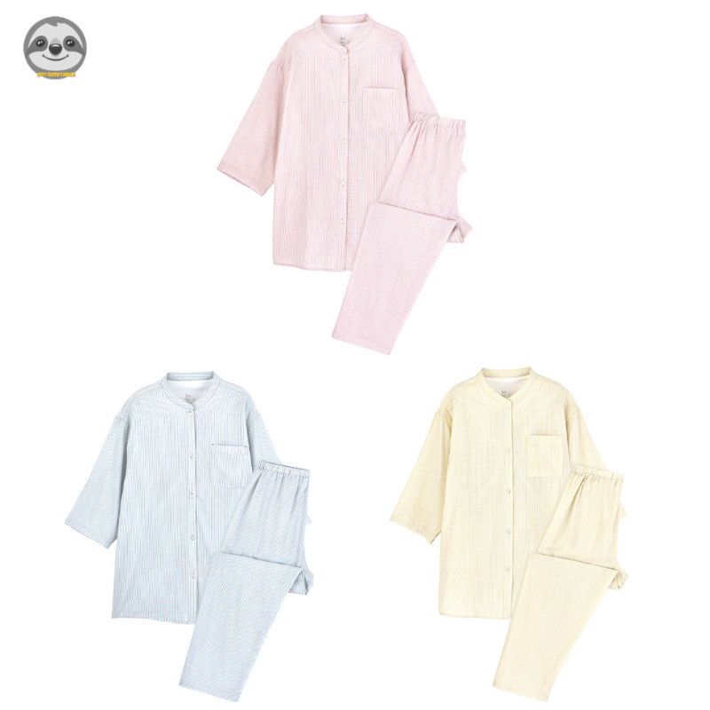 Phong cách Nhật Bản Muji Style / Bộ đồ ngủ nữ tay ba phần tư bằng sợi Cotton mịn liền mạch / Bộ đồ mặc nhà bằng Cotton nguyên chất dành cho nữ