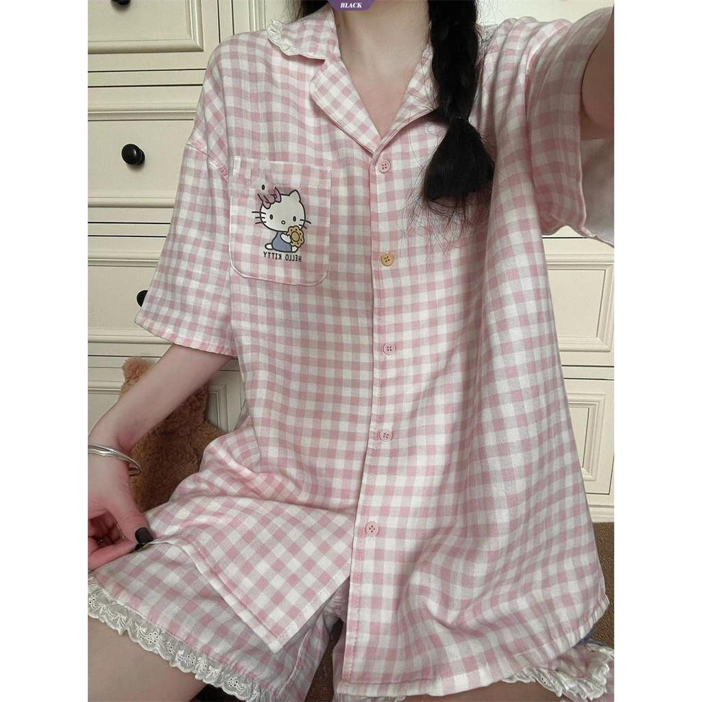 Bộ Đồ Ngủ Mèo Kitty Kẻ Sọc Nữ Mùa Hè Mới Ren Quần Short Tay Ngắn Ins Phong Cách Học Sinh Nhật Bản Quần Áo Gia Đình [BL]