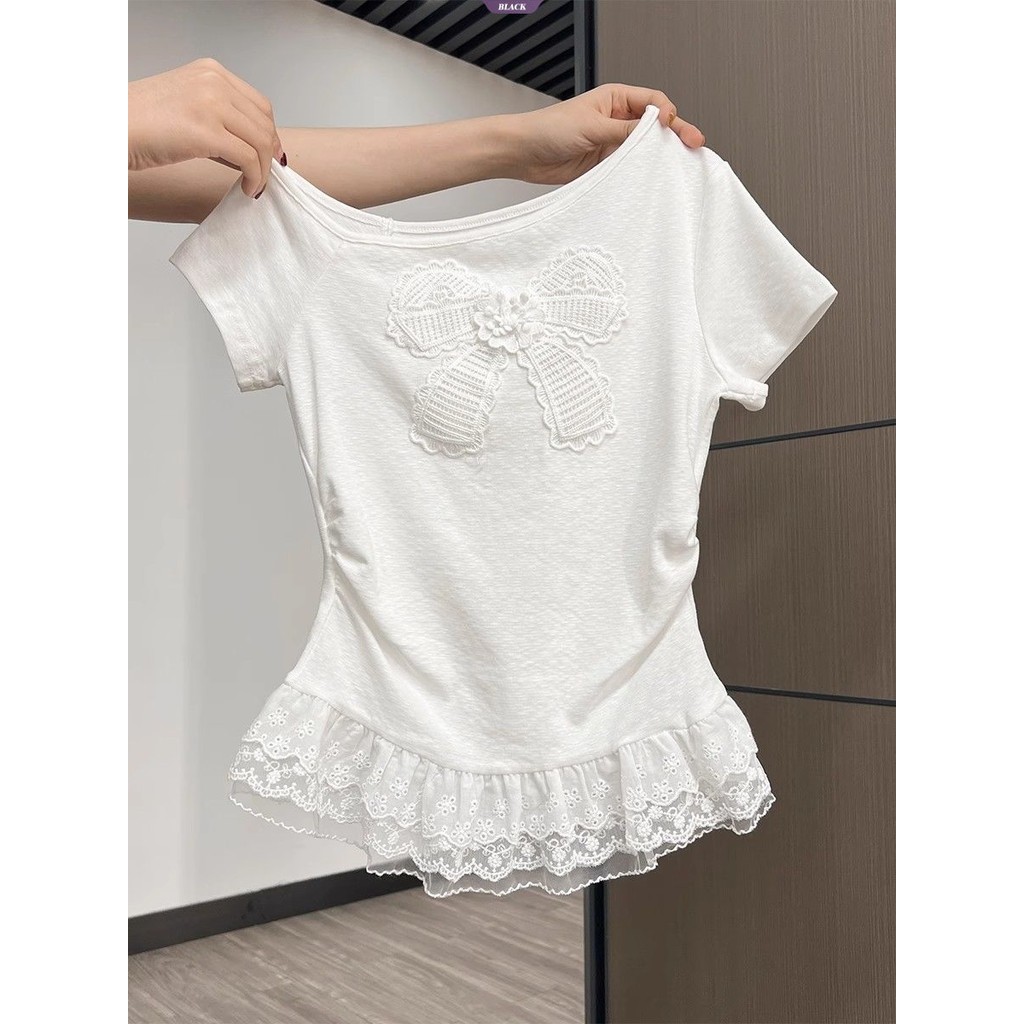 Ngọt Ngào Slant Vai Ren Áo Thun Nữ Mùa Hè Mới Ôm Nơ Thiết Kế Sense Niche Top Tide [BL]