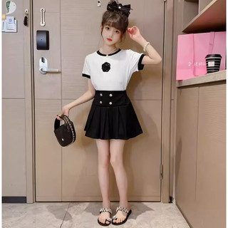 Áo tay ngắn cổ tròn phối chân váy xếp li 18-50kg 6-14 tuổi mẫu  HOA TRÀ.Set váy áo cho bé gái. TT3