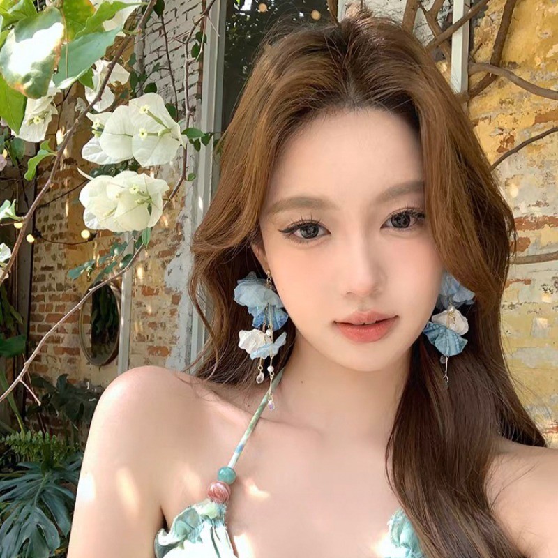 Bông tai nữ tình yêu Pháp Bông tai tua rua hoa thời trang màu xanh
