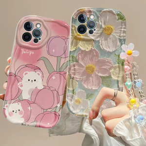 Ốp Điện Thoại Dây Xích Hoa Tulip Cho Samsung Galaxy A15 A55 A54 A35 A14 A23 A24 A34 A52 A53 A32 A13 A22 A25 A04 A04E A52S Ốp Điện Thoại Di Động 3D Sóng Cong Cạnh Vintage