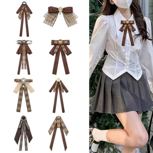 YOI Nữ Vintage Nâu Plaids Ruy Băng Nơ Cài Áo Sơ Mi Đồng Nhất Học Sinh Jabot Cổ Pre Buộc Nơ Cà Vạt Cli