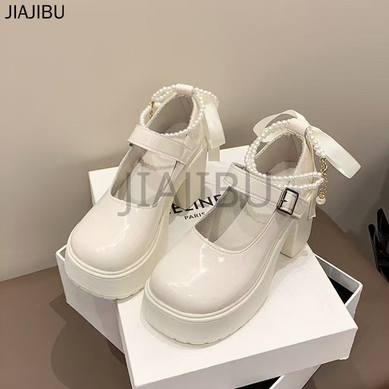 Size 34-44 Giày Nữ Size Lớn Chất Lượng Cao 43 Korean Fashion Platform Bow Mary Jane Shoes 42 Giày Lolita Đồng Phục JK Nhật Bản French Beige Beaded Thick Heel Doll Shoes Giày Cosplay Cao Gót Mũi Tròn Chống Trượt Phong Cách Anh Quốc Giày Bên Giày Khiêu Vũ
