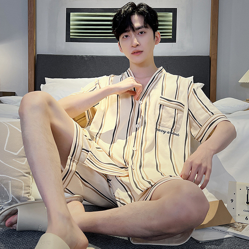 Bộ đồ ngủ nam Cotton nguyên chất Bộ đồ ngắn tay 2024 Áo len Cardigan thông thường mới
