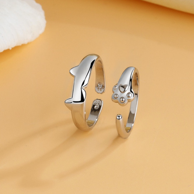 Nhẫn Hở Mạ Bạc 925 Hình Chân Mèo Đơn Giản Dễ Thương Có Thể Điều Chỉnh Cho Cặp Đôi