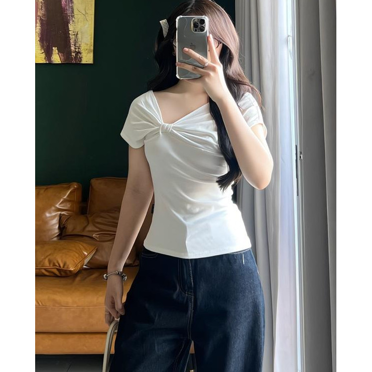 Áo Nhún Nơ Ngực Lệch Vai, Áo Thun Trễ Vai Xoắn Chéo Ngực Ôm Body Phong Cách Ullzang_A513