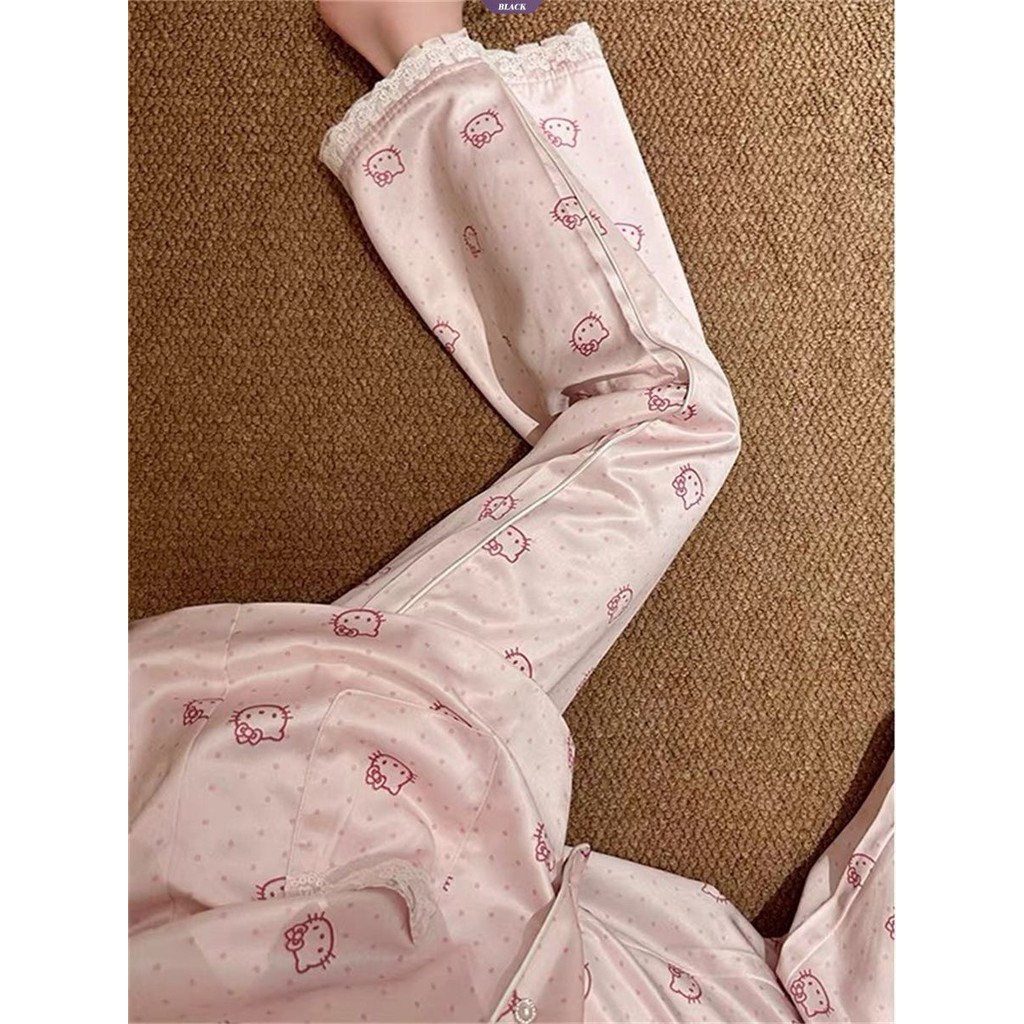 Bộ đồ ngủ ren chấm bi ngọt ngào Hello Kitty dành cho nữ Xuân hè Bộ đồ dài tay mới [BL]