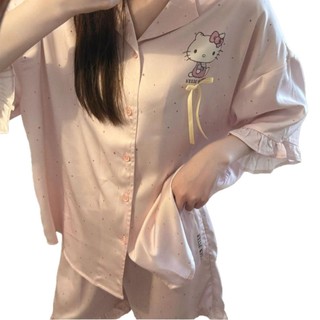 Đồ ngủ Hellokitty Viền hoa Nữ Mẫu mới mùa hè Quần short ngắn tay Phong cách Nhật Bản Bộ đồ mặc nhà học sinh