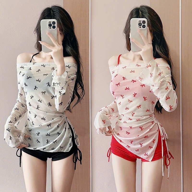 Set bộ đồ bơi bikini 3 chi tiết thiết kế họa tiết nơ trễ vai hottrend phong cách sexy gợi cảm XIMIMI BKN61