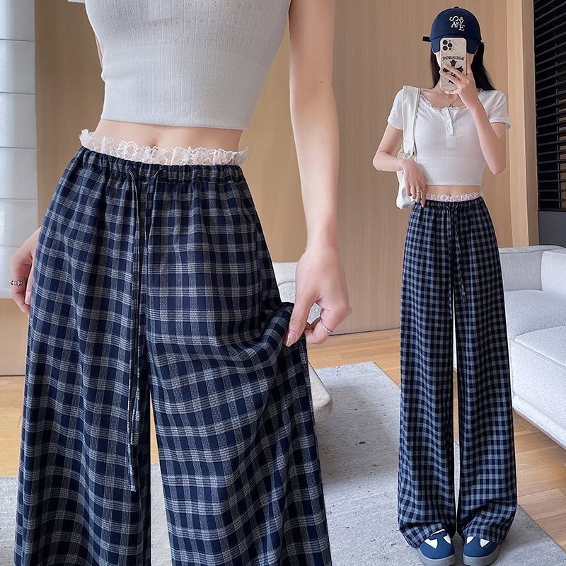 quần kẻ sọc ống rộng Quần kẻ caro ren patchwork mỏng 2025 mới rộng rãi kích thước lớn phong cách Hàn Quốc
