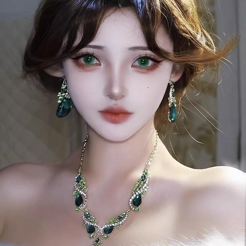 Retro Cung Điện Phong Cách Xanh Giọt Nước Vòng Cổ Bông Tai Nữ Ánh Sáng Sang Trọng Cảm Giác Cao Cấp