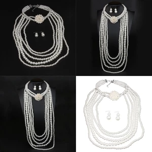 Exhila Ngọc Trai Giả Choker Vòng Cổ Bông Tai Nhiều Lớp Dây Phụ Kiện Cho Nữ