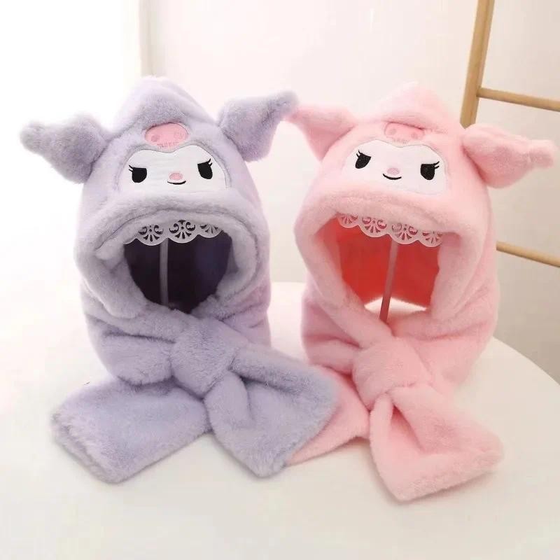 Hoạt Hình Dễ Thương Anime Kuromi Mũ Trẻ Em Khăn Tất Cả Trong Một Mùa Đông Bảo Vệ Tai Nhung Dày Ấm Có Mũ Trùm Đầu Khăn