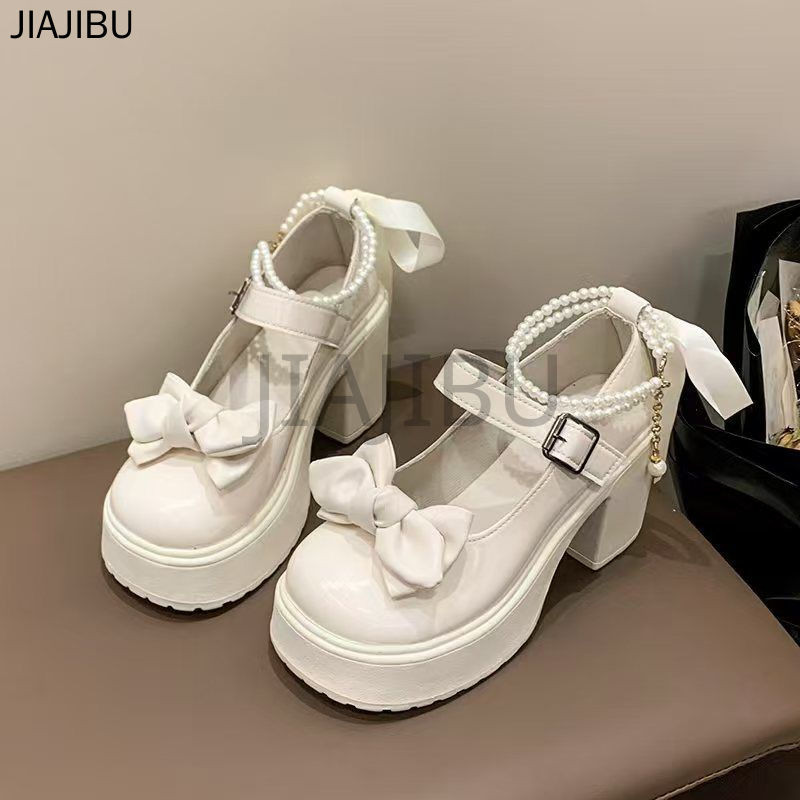 Size 34-44 Giày Nữ Size Lớn Chất Lượng Cao 43 Korean Fashion Platform Bow Mary Jane Shoes 42 Giày Lolita Đồng Phục JK Nhật Bản French Beige Beaded Thick Heel Doll Shoes Giày Cosplay Cao Gót Mũi Tròn Chống Trượt Phong Cách Anh Quốc Giày Bên Giày Khiêu Vũ