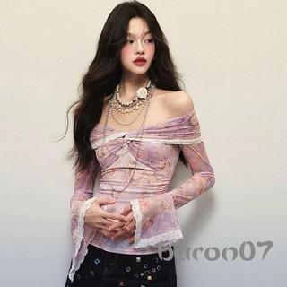 Áo thun nữ dài tay in hoa ren viền thuyền cổ lệch vai Áo sơ mi mùa xuân thu Slim Fit Áo thường ngày