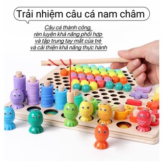 Đồ chơi câu cá nam châm kèm gắp hạt bi gỗ 13in1, kèm bảng số đếm cho bé vừa chơi vừa học