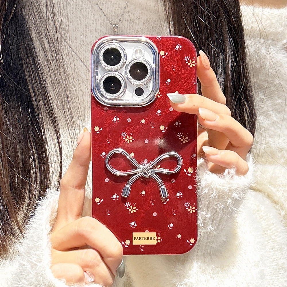 Nơ Lập Thể Với Phim Ống Kính Lấp Lánh Vỏ Điện Thoại Acrylic Cho iPhone 17 Pro Max 17 Air 16 Plus 15 14 13 12 11 Pro Max Vỏ Bảo Vệ Chống Sốc