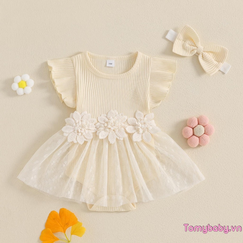 Áo liền quần mùa hè cho bé gái có lưới ngắn tay cổ chữ O Miếng dán hoa Bộ áo liền quần dễ thương + Băng đô nơ
