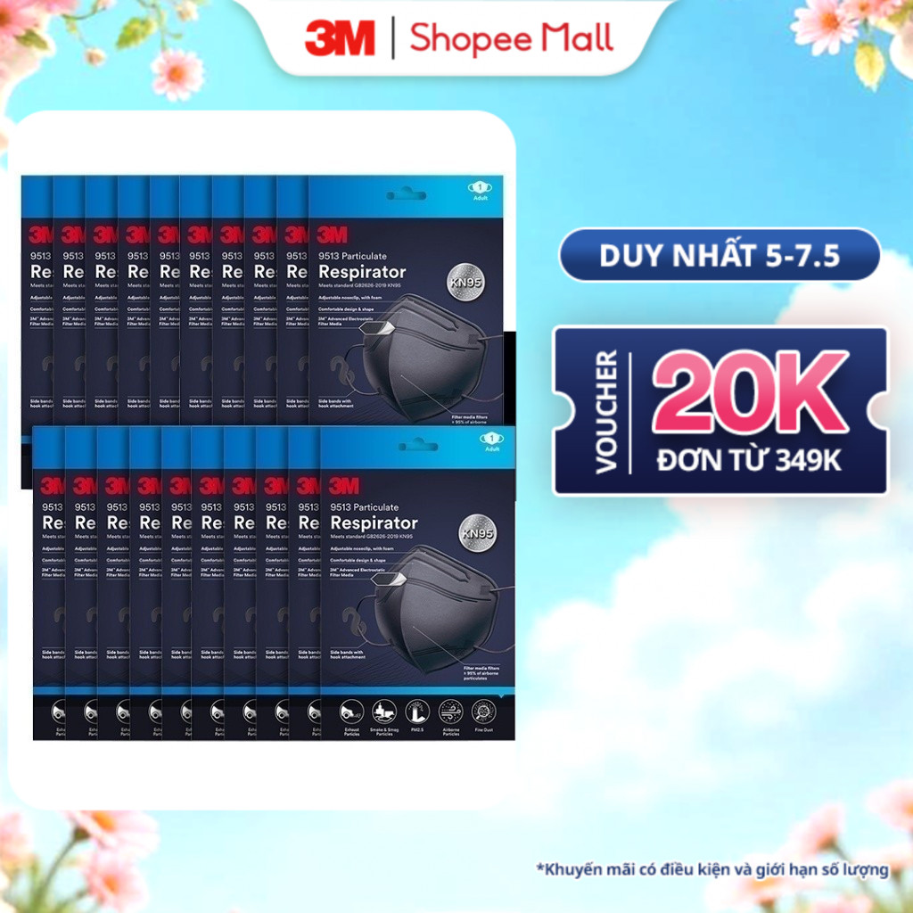 Ảnh Combo Khẩu Trang 3M™ 9513 đạt chuẩn KN95, Ngăn ngừa bụi mịn PM2.5 Trắng/Đen 1