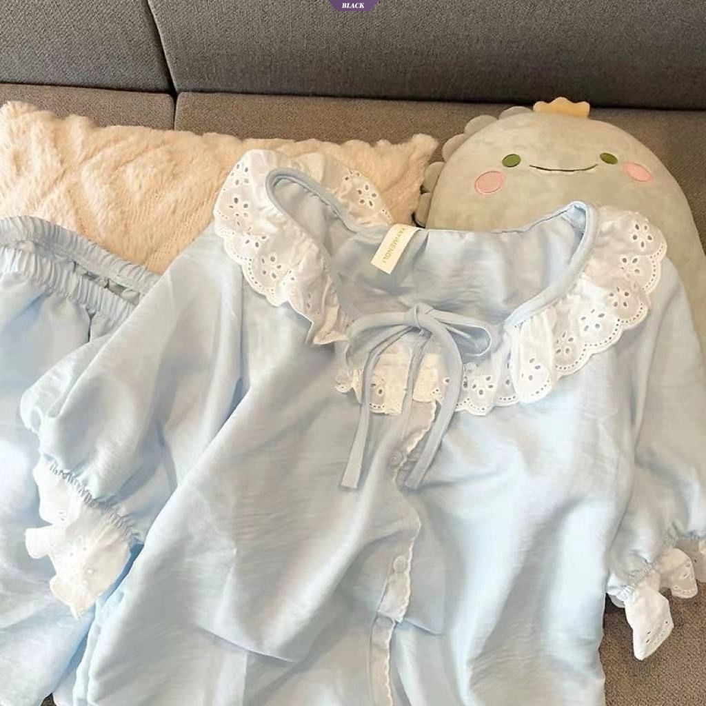 Bộ Đồ Ngủ Phong Cách Công Chúa Nữ Mùa Hè Mới Quần Short Tay Ngắn Ren Ngọt Ngào Học Sinh Bộ Đồ Gia Đình Giá Trị Cao [BL]