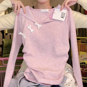 Korean Chic Sweet Bow Long Sleeve Chic Top Ins Design Sense Autumn and Winter Slim Fit Figure Flattering Bottoming T-shirt H22y