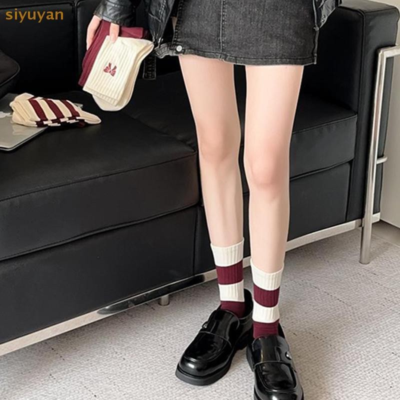 Siyuyan Nữ Tất Thu Đông Cotton Dệt Kim Học Sinh Nữ Ống Giữa Tất Nữ Sọc Hip Hop Ván Trượt Thể Thao Tất Sox VN