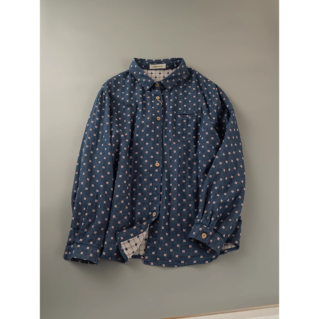 Áo Sơ Mi Nữ Cotton Plus Kích Thước, Hai Lớp Sợi Cotton Chấm Bi, Dài Tay