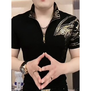 ✨✨1.3000 Người Khen ngợi Hợp Thời Trang Cổ Mạ Vàng Nam Ngắn Tay Co Giãn Áo Nam Mặc Ngoài Xã Hội 25.4.8