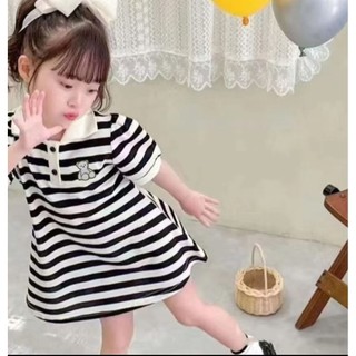 (6m-8Yrs) Mùa Hè Bé Gái Đầm Trẻ Em Đen Trắng Sọc Đầm Đan Thêu Tay Ngắn POLO Áo Sơ Mi