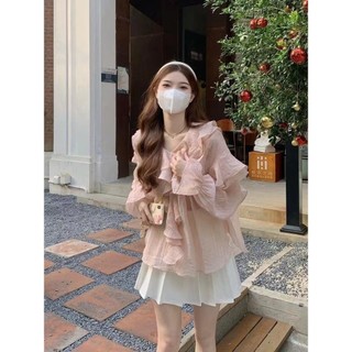 Thời Trang Hàn Quốc Nữ Tay Dài retro Rời Cổ Chữ v Cổ Thường ruffle Áo Sơ Mi Áo