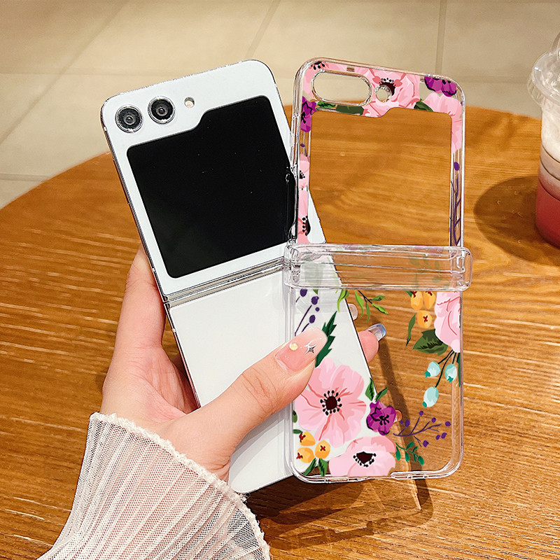 Hoa Họa Tiết Trong Suốt Ốp Lưng Điện Thoại Samsung Galaxy Z Flip 7 Flip 6 Flip 5 Flip 4 Flip 3 5G Full Bản Lề Cứng PC Gấp Bao Dành Cho Samsung Z Flip7 Flip6 Flip5 Flip4 Flip3