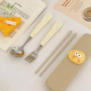 Muỗng Phô Mai Dễ Thương Bằng Thép Không Gỉ Nĩa Lúa Mì Bộ Ba Món Học Sinh Trẻ Em Bộ Đồ Ăn Di Động Bộ Hộp Bảo Quản VN