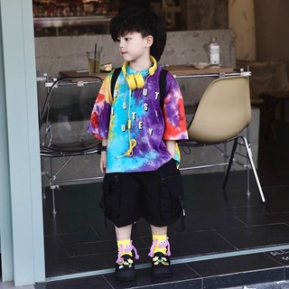 Áo thun ngắn tay phong cách Hàn Quốc mới mùa hè cho bé trai và bé gái, áo tie-dye chữ thường cho trẻ nhỏ và trẻ nhỏ