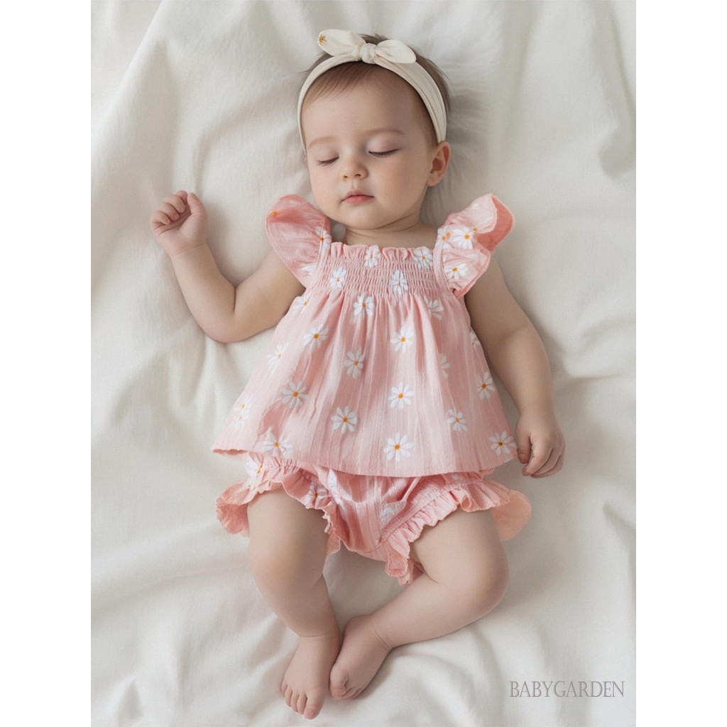 / / -Baby Girl Daisy 2 Cái Bộ Smocked Bay Tay Áo Babydoll Co Giãn Eo Quần Short Ruffle Quần Short Quần Áo Mùa Hè Dễ Thương
