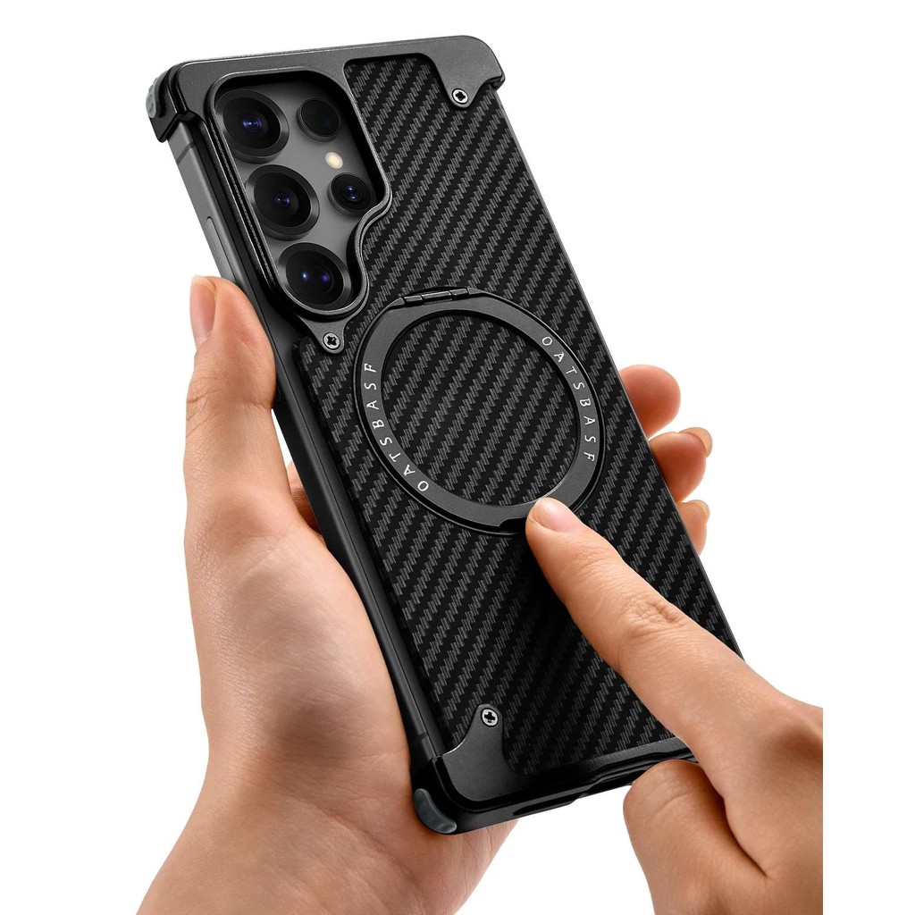 Dành Cho Samsung Galaxy S25 Ultra Ốp Lưng Điện Thoại Kết Cấu Sợi Carbon 360° Chân đế có thể xoay được Vỏ không khung từ tính