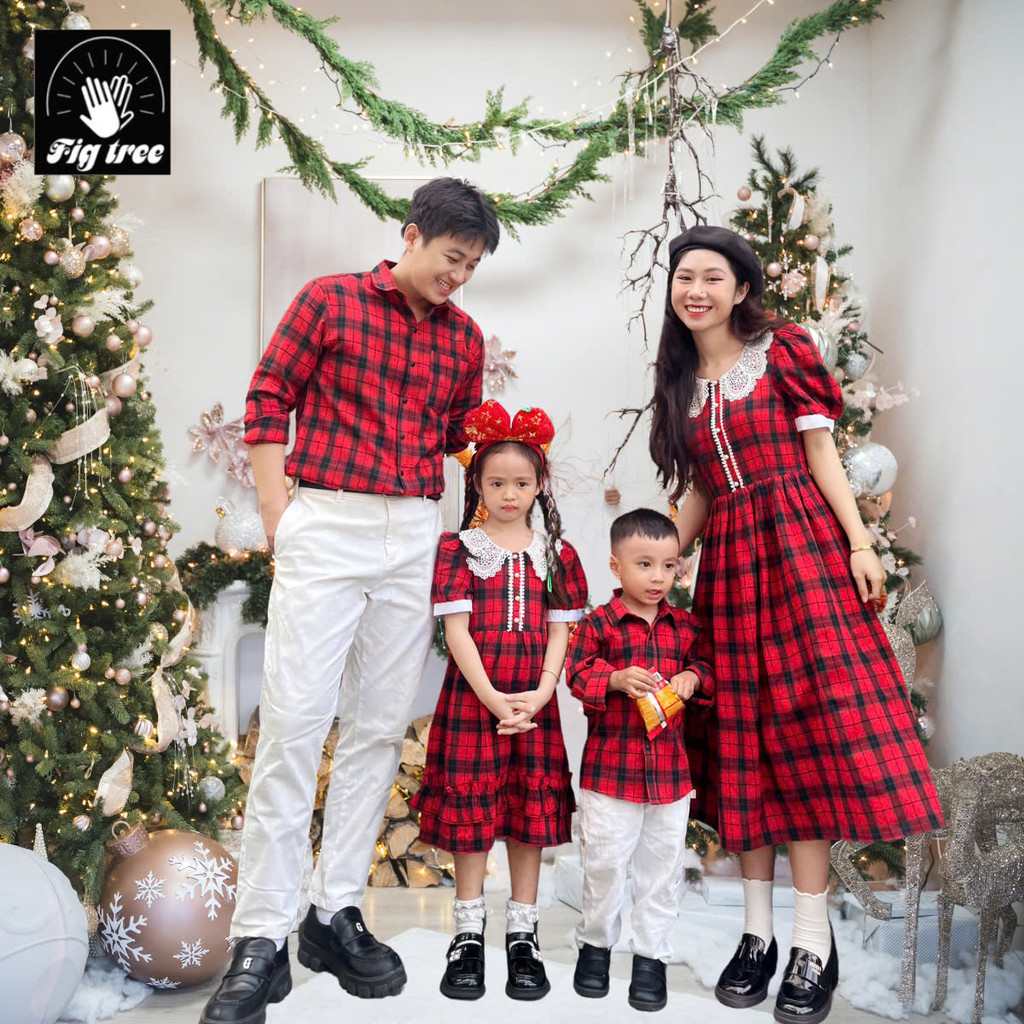 Set Áo Sơ Mi Váy Gia Đình Fig Tree Caro Đỏ New Đón Tết Siêu Sang ( MS 189)