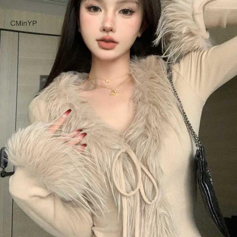 Cminyp Hàn Quốc Hot Girl Furry Cổ Chữ V Dài Tay Không Đều Mỏng Áo Len Ngắn Cardigan Glory