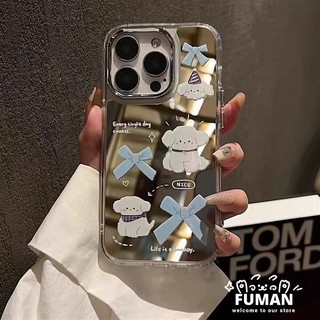 Ins Style Blue Bow Puppy Gương Trang Điểm Ốp lưng OPPO Reno 13 Pro 12 11 11F 10 9 8 7 SE Pro Plus 8Z 7Z 8T 6Z 5Z 5F 5K 4F 5 4 5G 4G Ốp Lưng Hoạt Hình Dễ Thương Vỏ chống sốc